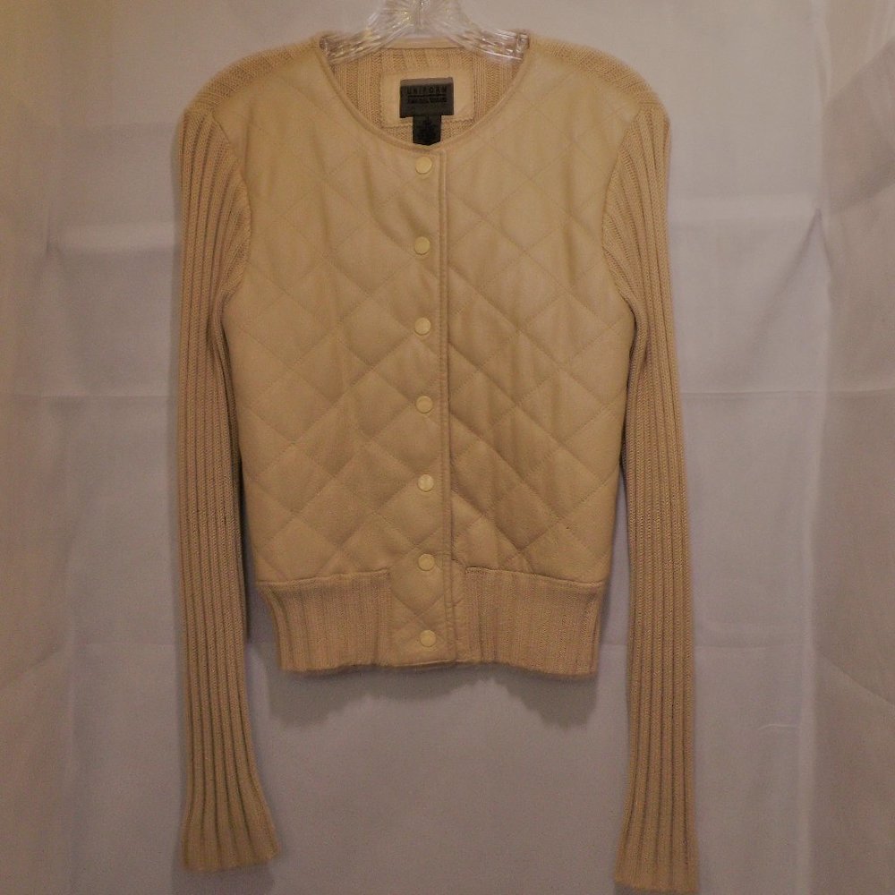 Lamb Skin Leather & Rib Knit Zip Up Sweater Jacket